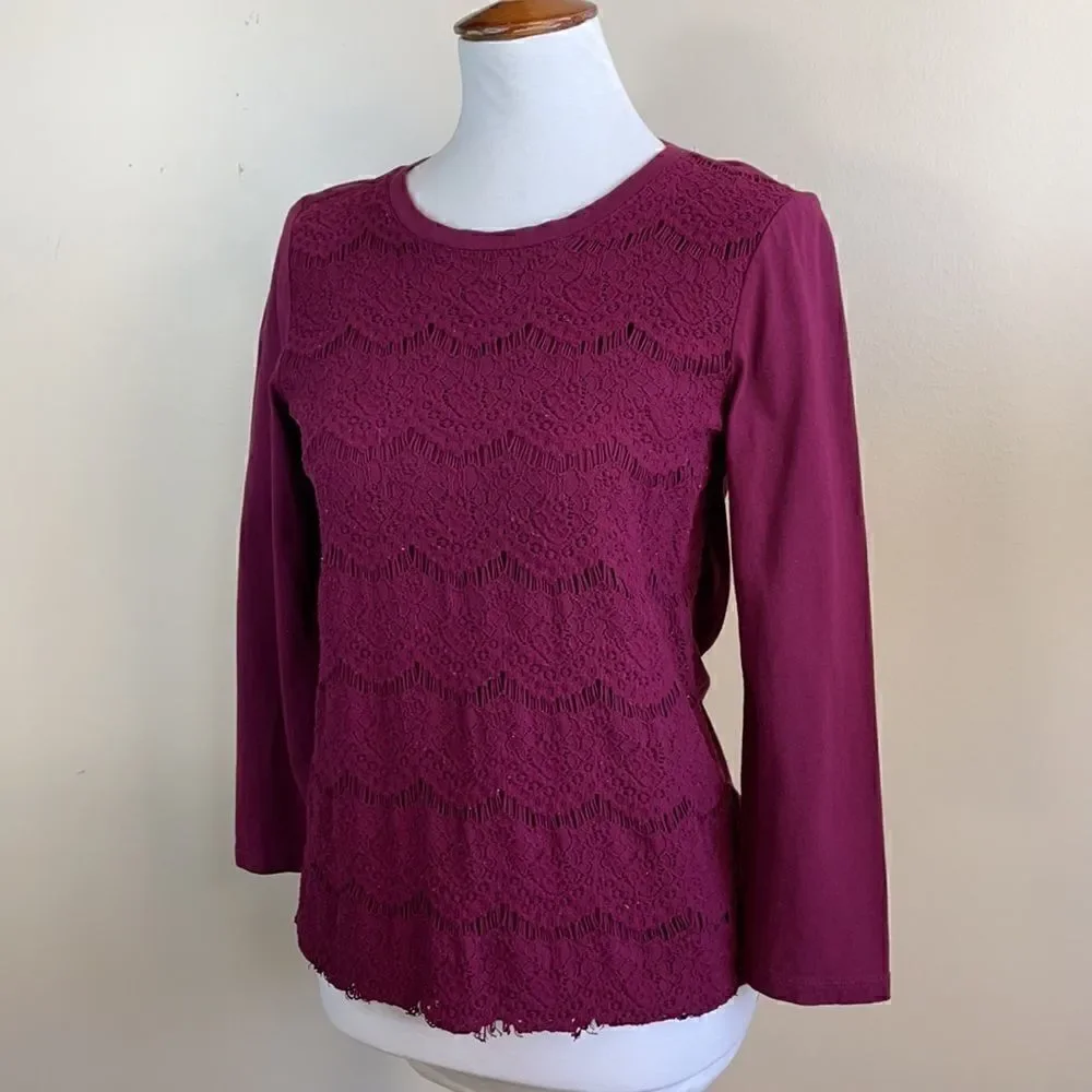 J. Crew Burgundy Crew Neck Pullover Lightweight Lace Top (Size: Small)